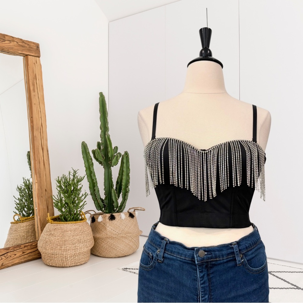 The Sang Women's Bustier Style Cropped Rhinestone Fringe Top